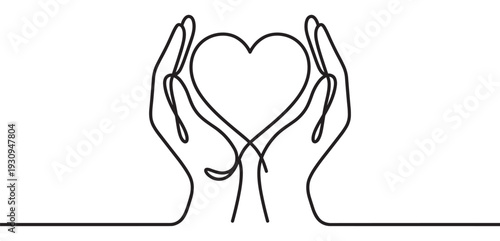 Two hands gently cupping a delicate heart shape, symbolizing love, care, protection, and human connection in a continuous line art style.
