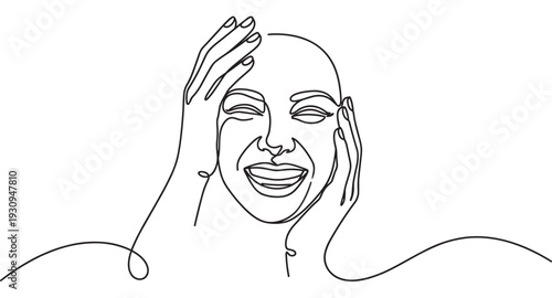Happy woman's face drawn with continuous line art, expressing joy and positive emotions with a wide smile and hands touching her cheeks.