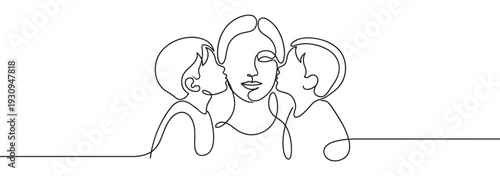 Mother and two children embracing in a beautiful continuous line art illustration symbolizing family love and connection.