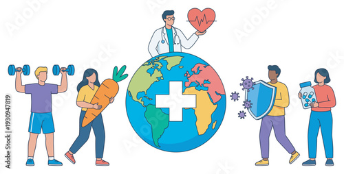 People and a doctor illustrate global health and wellness concepts for a healthy lifestyle and disease prevention.