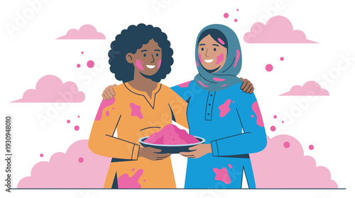 Happy diverse women celebrate Holi festival with colorful powder, smiling and embracing each other in a joyful scene.