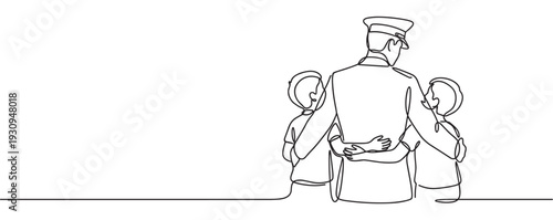 Uniformed parent embracing children with love and warmth, symbolizing family reunion and protection in a continuous line art drawing.