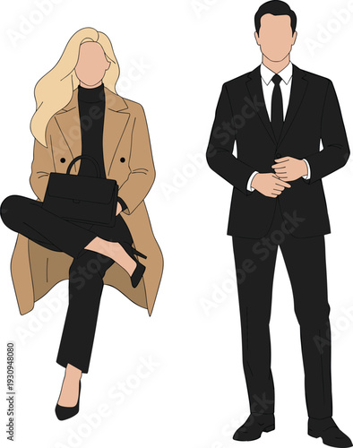 Vector illustration of professional business man in suit and woman in trench coat for corporate team leadership and career success