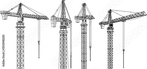 Set of construction tower cranes technical cad drawing flat vector illustration for industrial building site development architectural and civil engineering