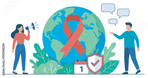 Global AIDS awareness campaign promotes prevention and support worldwide, featuring communication and health protection symbols.