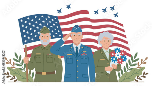 Three elderly military veterans proudly stand together, honoring their service with an American flag and fighter jets flying above.