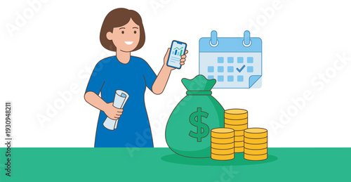 Smiling woman manages personal finances using a mobile application, planning her savings and investments with a calendar and money bag.