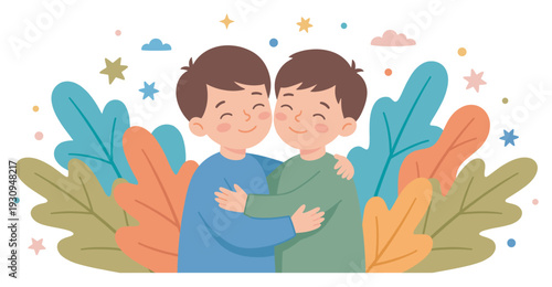 Two boys hugging each other with happy smiles, surrounded by colorful leaves, stars, and clouds, illustrating childhood friendship and care.