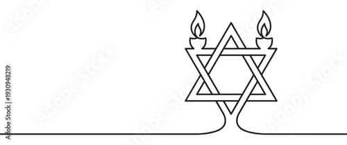 Star of David symbol with two burning candles created in a continuous line art style representing Jewish faith and tradition.