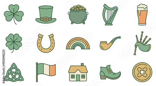 St. Patrick's Day Irish cultural symbols collection with shamrock, leprechaun hat, pot of gold, and other festive icons.