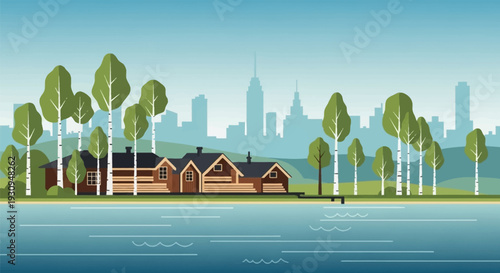 Serene lakeside houses with city skyline in the background.