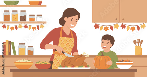 Mother and son preparing Thanksgiving meal together in kitchen, happily celebrating the autumn harvest season with delicious food.