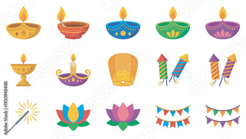 Diwali festive elements collection featuring traditional lamps, fireworks, and decorative garlands for vibrant Indian holiday celebrations and cultural events.