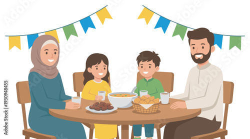 Muslim family enjoying a traditional meal together at home, celebrating a festive occasion with delicious food and drinks.