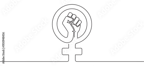 Female symbol with a raised fist in a continuous line drawing style representing women's empowerment and protest.