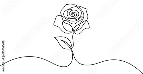 Continuous line art drawing beautiful rose flower with elegant petals and a single leaf, symbolizing love and beauty in a minimalist style.