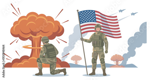 Two soldiers stand with American flag on a battlefield with explosions and fighter jets flying through the sky.