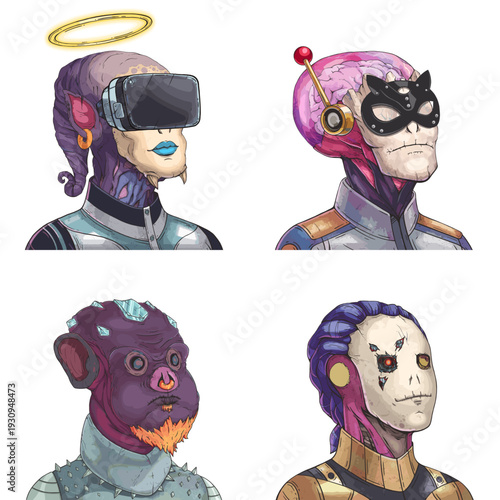 Groovy alien avatar pack of purple space mutant, big-brained psychic, purple spiked punk and armored cyborg vector character design set