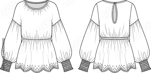 White bohemian peasant blouse technical cad drawing flat vector illustration with bishop sleeves eyelet embroidery scalloped hem and smocked cuffs