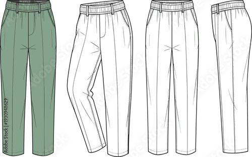 High waisted trousers with elasticated waistband technical cad drawing flat vector illustration with side pockets and straight leg pant design