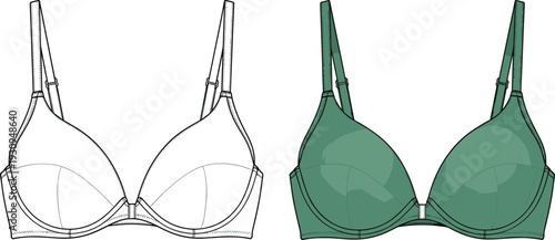 Classic padded bra technical cad drawing flat vector illustration with adjustable straps, hook eye closure, and contoured cups lingerie design