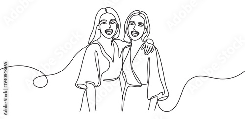 Two happy women embracing each other with joyful expressions, rendered in an elegant continuous line art style.