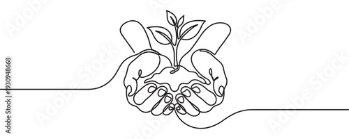 Hands holding plant seedling in continuous line art drawing style symbolizing growth, nature, and environmental protection.
