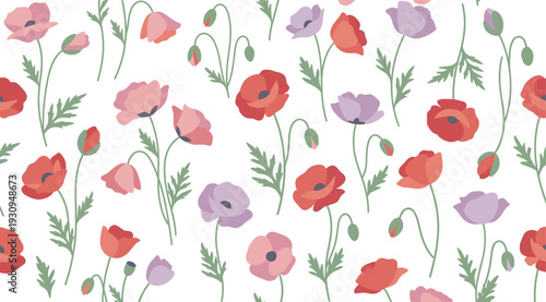 Poppy flowers seamless pattern with colorful blossoms and buds, creating a beautiful and delicate floral design for various applications.