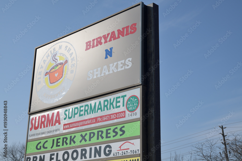 Obraz premium road side pylon business directory at Victoria Supermarket, incl Biryanis N Shakes, a restaurant, 1410 Victoria Park Av, Toronto