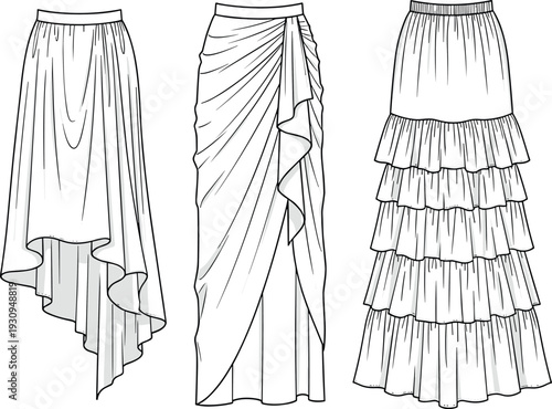 Womens Fashion Skirts Collection CAD Drawing Flat Vector Illustration Featuring High Low Hem Draped Wrap And Tiered Ruffle Maxi Skirt Designs