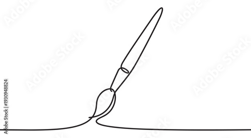 Simple continuous line drawing of a paintbrush creating a smooth, elegant stroke across a blank canvas, symbolizing creativity and artistic expression.