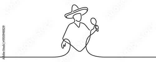 Mexican musician playing maraca in a minimalist line art style illustration representing cultural music and celebration.