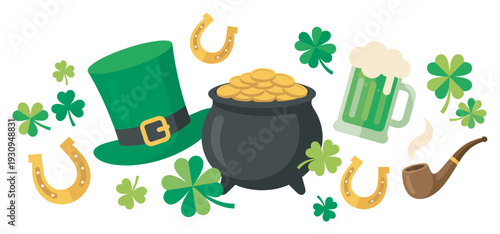 St. Patrick's Day symbols and Irish holiday elements are scattered in a festive arrangement, representing luck and celebration.