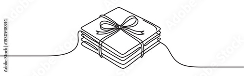 Stack of gifts tied with a decorative ribbon bow, beautifully rendered in a minimalist continuous one line drawing style illustration.