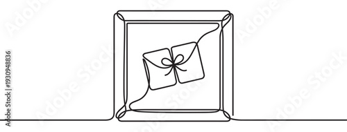 Continuous line drawing of a gift box containing a smaller wrapped present, symbolizing generosity and celebration.
