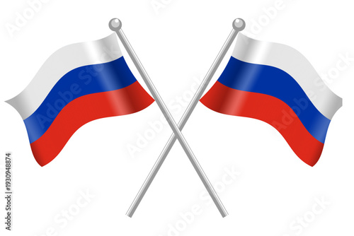 Crossed Russian flag vector illustration, national tricolor of Russia waving on silver poles, glossy 3D graphic for diplomacy, international relations, and political events, isolated on white.