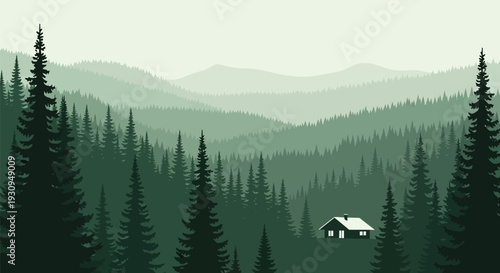 Serene forest landscape with a small cabin nestled among trees.