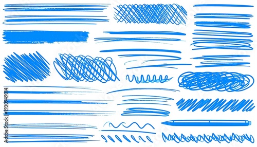 Blue Scribble Lines and Shapes on White Background.