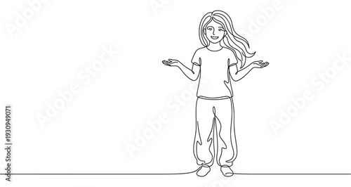 Young girl with long hair stands smiling, presenting something with open hands in a minimalist continuous line art style.
