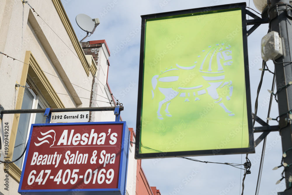 Fototapeta premium wall mounted projecting sign outside Alesha's Beauty Salon & Spa located at 1392 Gerrard St E, Toronto (Gerrard India Bazaar) with decorative panel