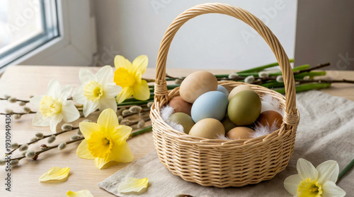 Pastel-colored eggs placed in a woven basket surrounded by soft feathers, with yellow daffodils and willow branches on a table.