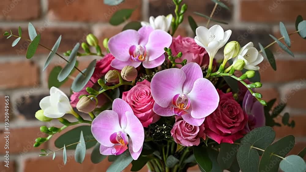 custom made wallpaper toronto digitalPink orchids and roses bouquet with eucalyptus against brick wall