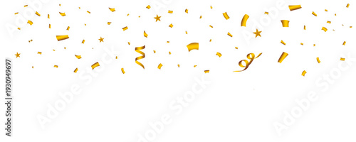 Celebratory banner with falling gold and silver confetti and streamers on a white background.