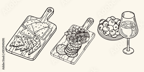 A charming sketch of cheese fruit and snacks on wooden boards