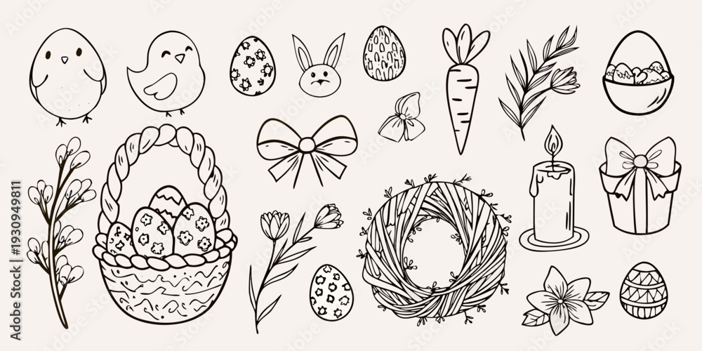 Fototapeta premium Hand drawn easter elements including chicks bunnies eggs and floral designs