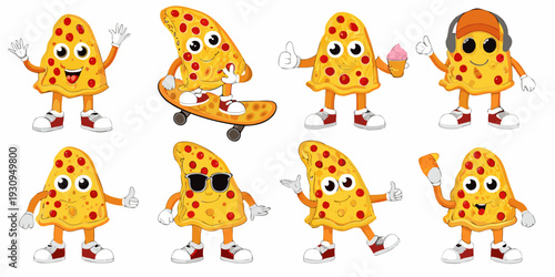 Cartoon pizza slices with faces and limbs performing various actions