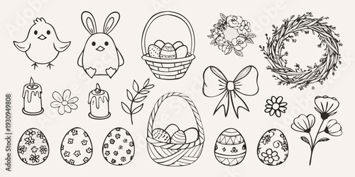 A collection of hand drawn easter illustrations including eggs bunnies and flowers