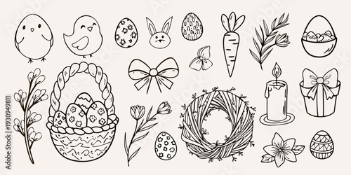Hand drawn easter elements including chicks bunnies eggs and floral designs
