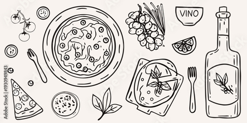 Italian cuisine sketch featuring pizza pasta wine and fresh ingredients