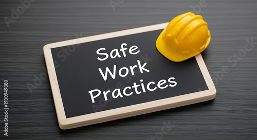 Safe Work Practices Chalkboard with Yellow Hard Hat on Wooden Desk